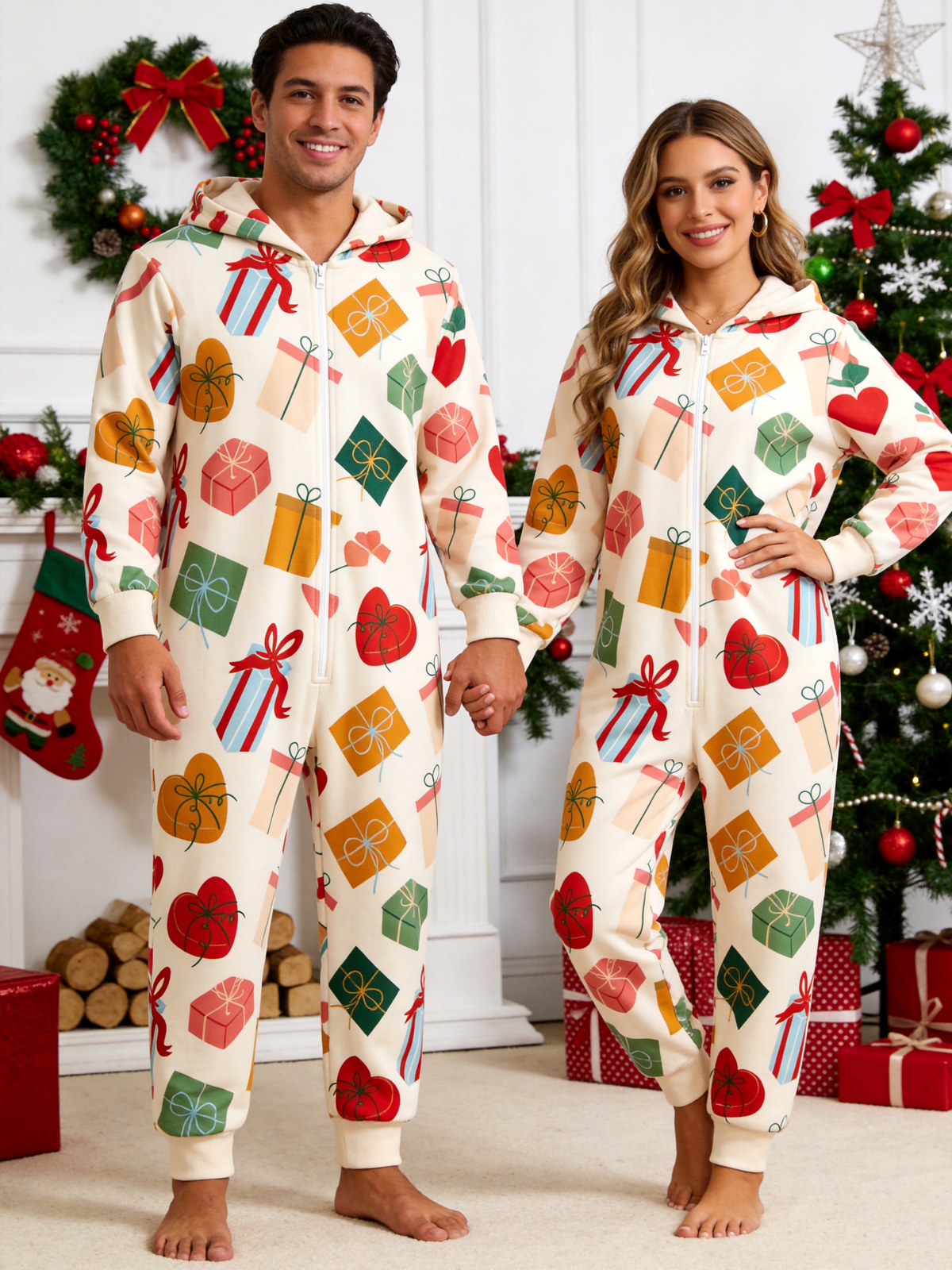 Women Zip-Up Loungewear with Hood - Christmas Gift Boxes & Hearts Print Pajamas Hooded Onesie
