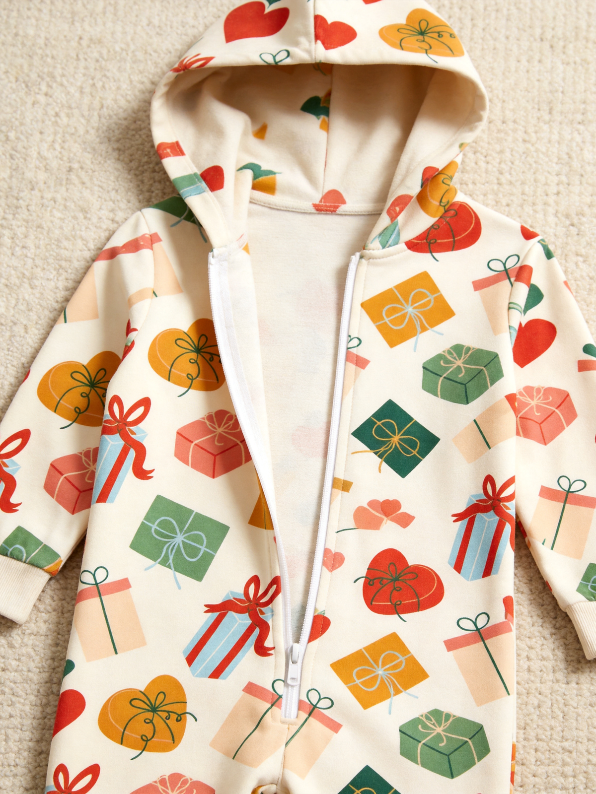 Women Zip-Up Loungewear with Hood - Christmas Gift Boxes & Hearts Print Pajamas Hooded Onesie