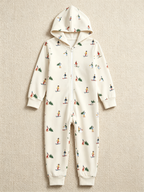 Women Hooded Onesie Christmas Zip-Up Loungewear - Cream Skiers & Winter Trees Print Pajamas