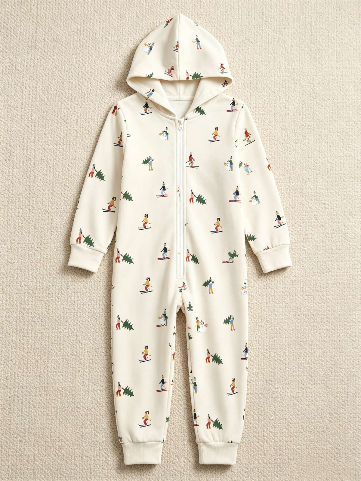 Women Hooded Onesie Christmas Zip-Up Loungewear - Cream Skiers & Winter Trees Print Pajamas