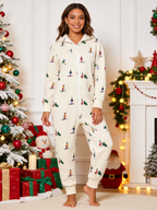 Women Hooded Onesie Christmas Zip-Up Loungewear - Cream Skiers & Winter Trees Print Pajamas