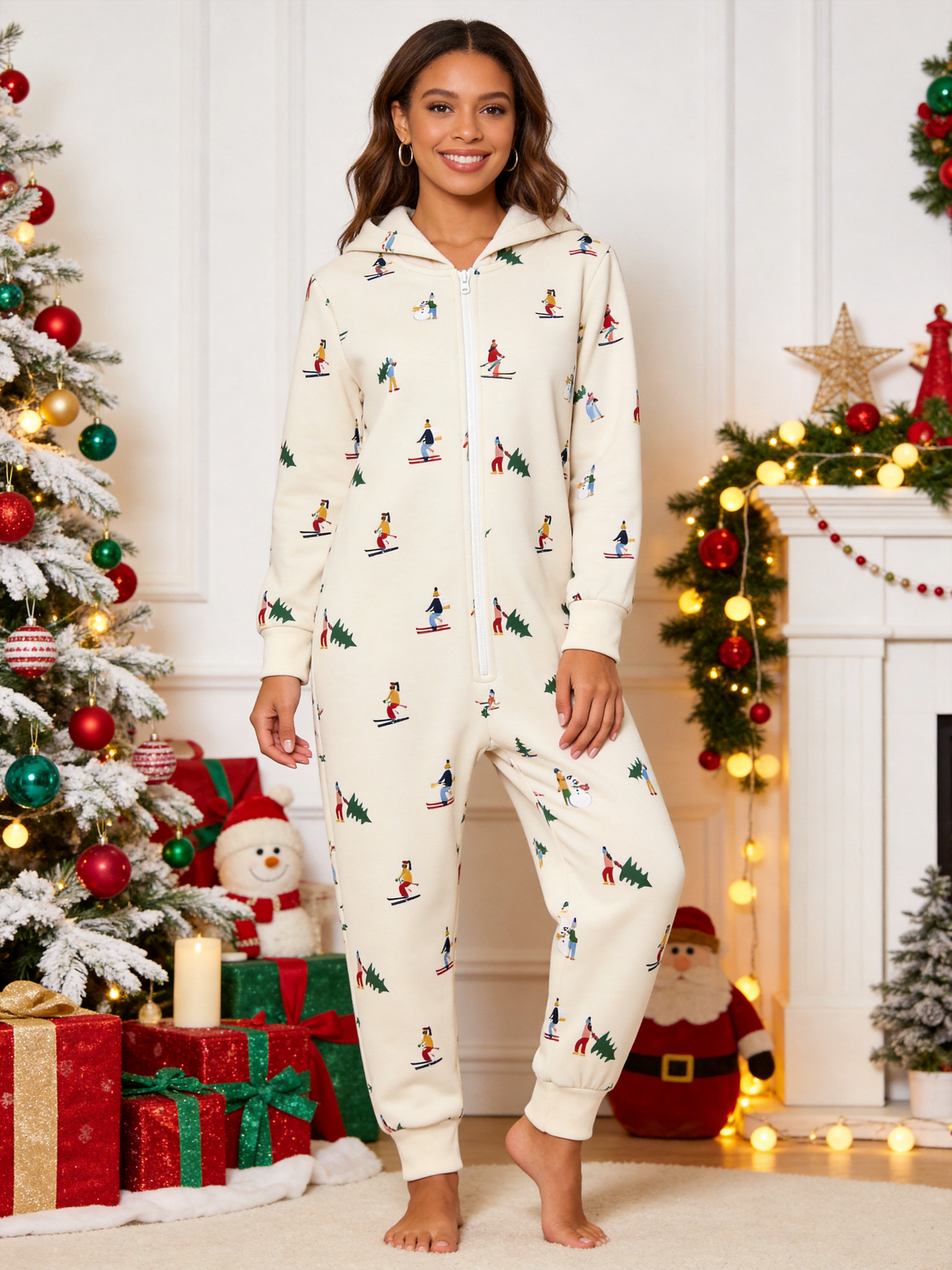 Women Hooded Onesie Christmas Zip-Up Loungewear - Cream Skiers & Winter Trees Print Pajamas