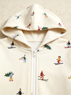 Women Hooded Onesie Christmas Zip-Up Loungewear - Cream Skiers & Winter Trees Print Pajamas