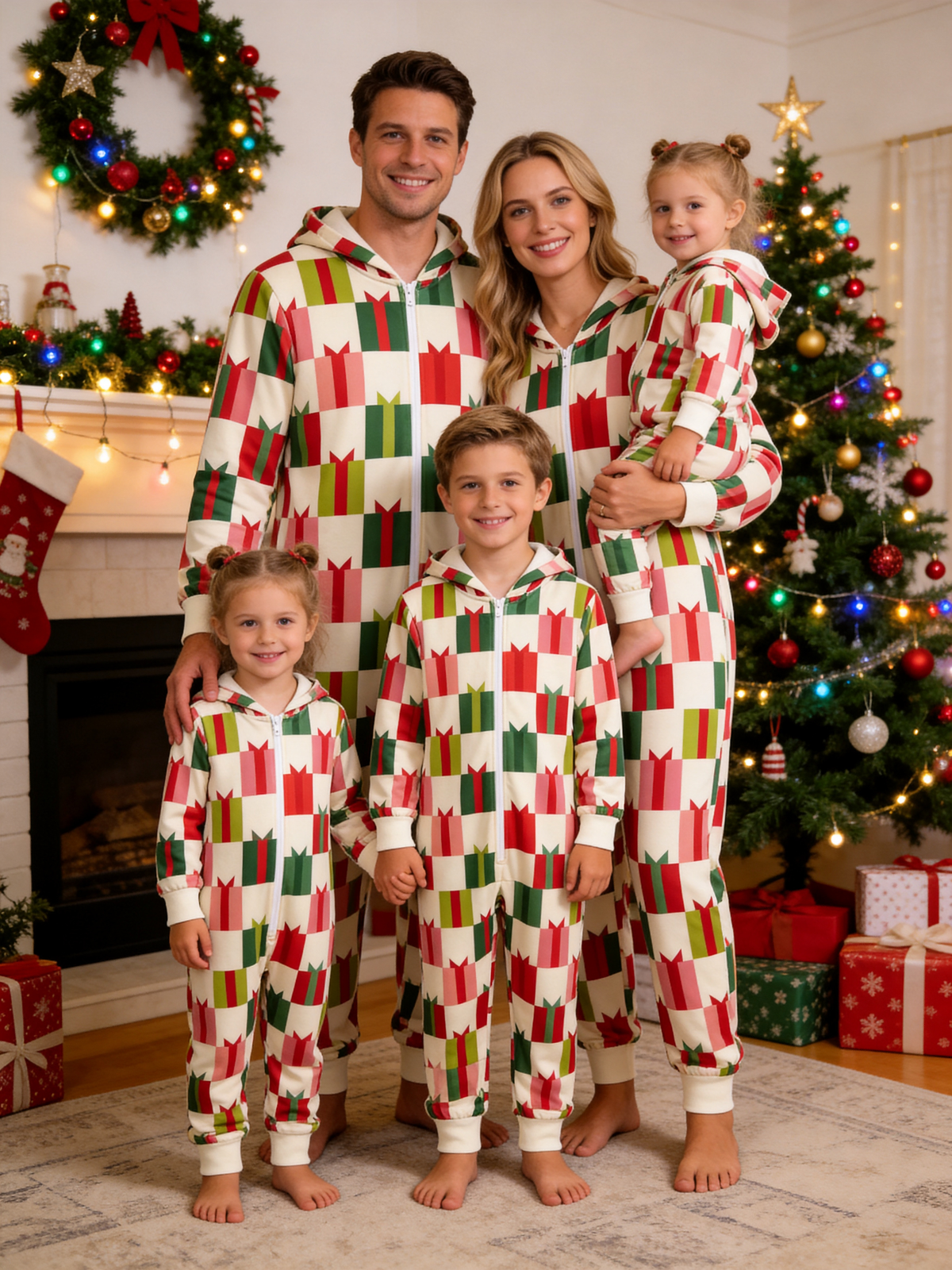 Family Hooded Onesie Christmas Zip-Up Loungewear - Cream & Red Gift Boxes Print Holiday Sleepwear