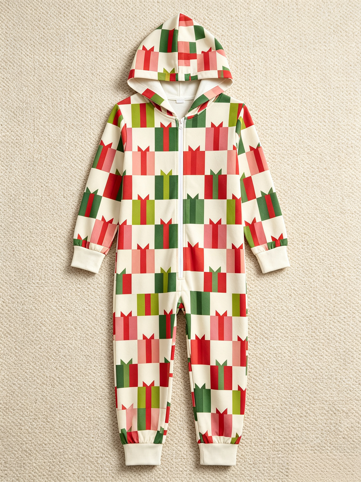 Family Hooded Onesie Christmas Zip-Up Loungewear - Cream & Red Gift Boxes Print Holiday Sleepwear