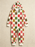 Women Hooded Onesie Christmas Zip-Up Loungewear - Cream & Red Gift Boxes Print Holiday Sleepwear