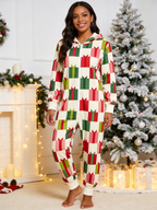 Women Hooded Onesie Christmas Zip-Up Loungewear - Cream & Red Gift Boxes Print Holiday Sleepwear