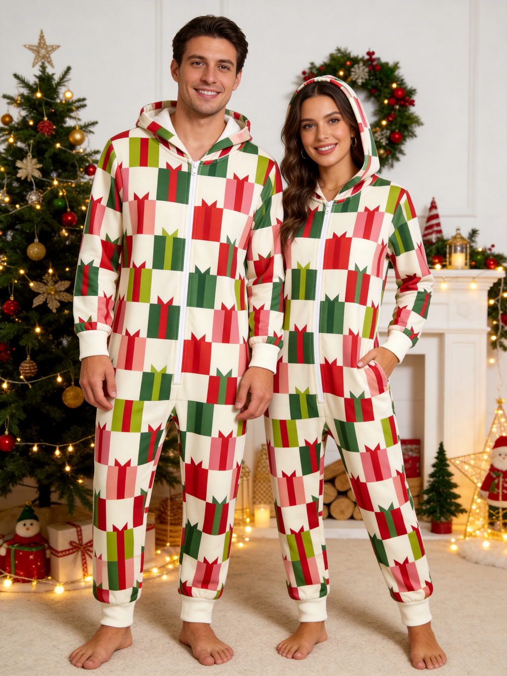 Women Hooded Onesie Christmas Zip-Up Loungewear - Cream & Red Gift Boxes Print Holiday Sleepwear