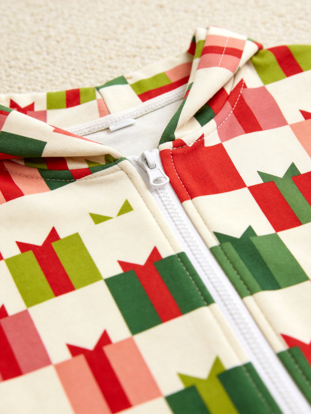 Women Hooded Onesie Christmas Zip-Up Loungewear - Cream & Red Gift Boxes Print Holiday Sleepwear