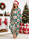Women Christmas Tree Checkered Hooded One-Piece Jumpsuit Pajamas