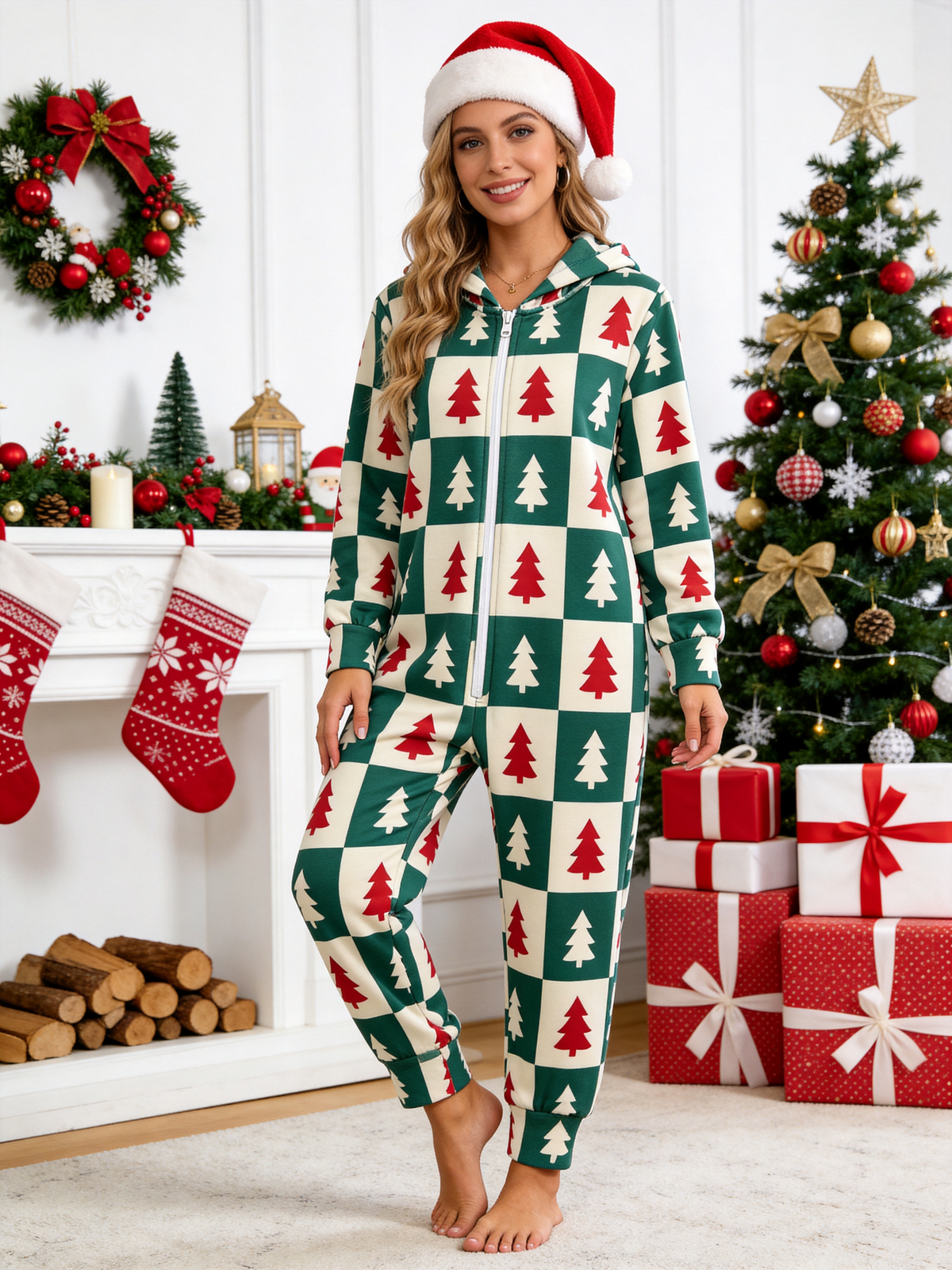 Women Christmas Tree Checkered Hooded One-Piece Jumpsuit Pajamas