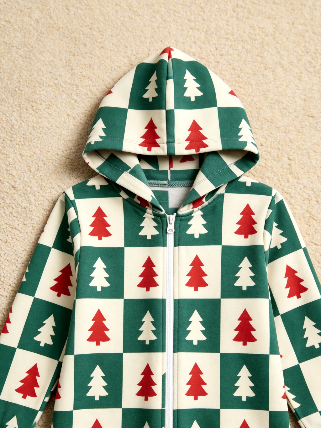 Women Christmas Tree Checkered Hooded One-Piece Jumpsuit Pajamas
