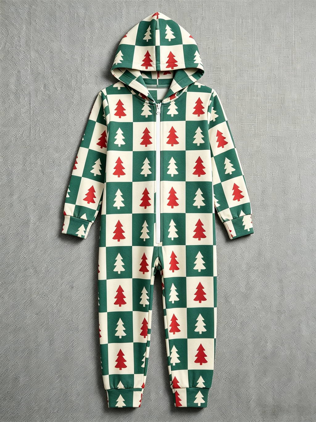 Women Christmas Tree Checkered Hooded One-Piece Jumpsuit Pajamas