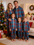 Family Hooded Onesie Christmas Zip-Up Loungewear - Blue Traditional Tartan Plaid Jumpsuit