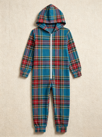 Women Hooded Onesie Christmas Zip-Up Loungewear - Blue Traditional Tartan Plaid Jumpsuit