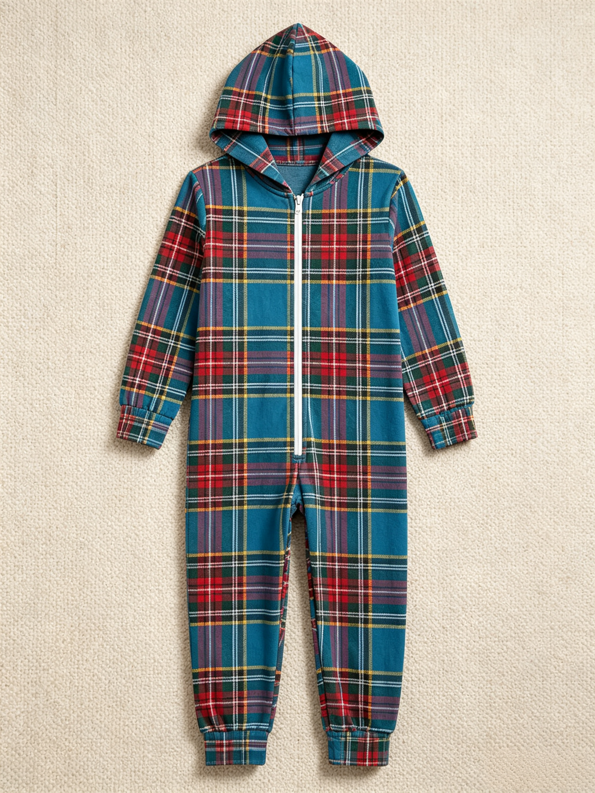 Women Hooded Onesie Christmas Zip-Up Loungewear - Blue Traditional Tartan Plaid Jumpsuit