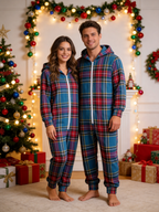 Women Hooded Onesie Christmas Zip-Up Loungewear - Blue Traditional Tartan Plaid Jumpsuit
