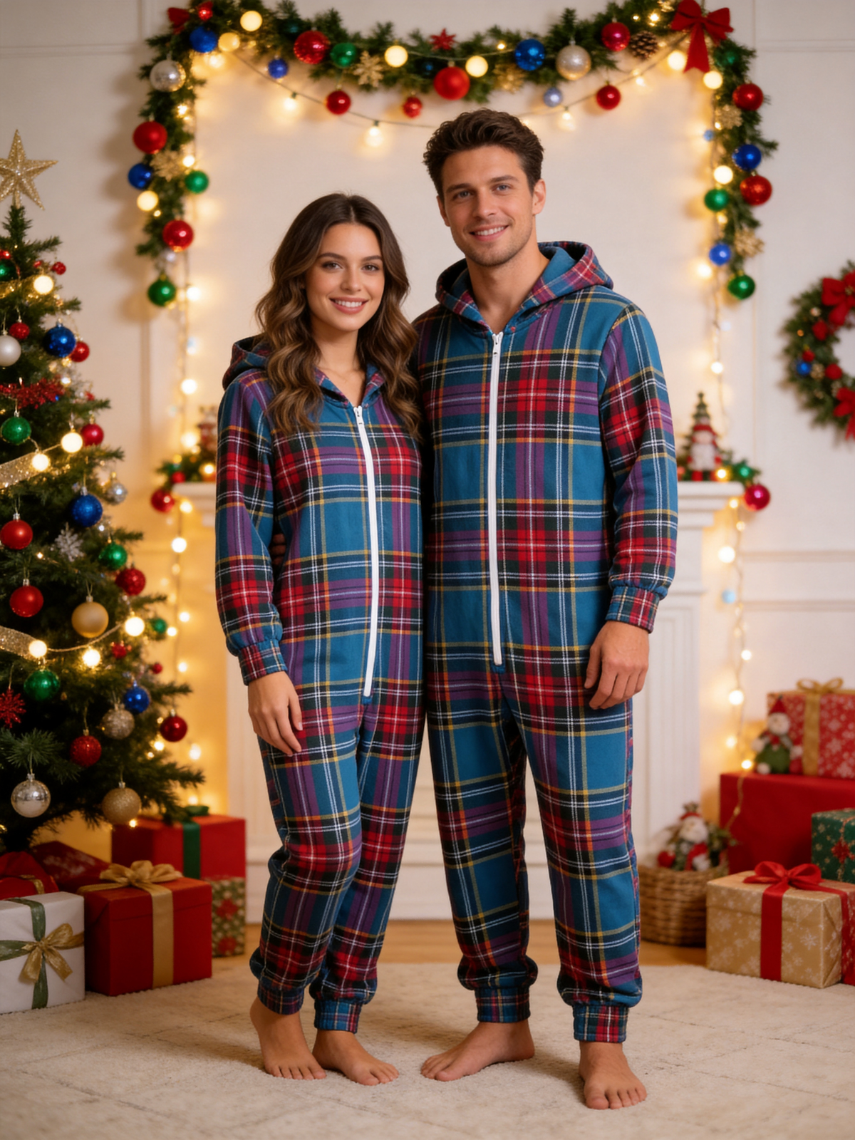 Women Hooded Onesie Christmas Zip-Up Loungewear - Blue Traditional Tartan Plaid Jumpsuit
