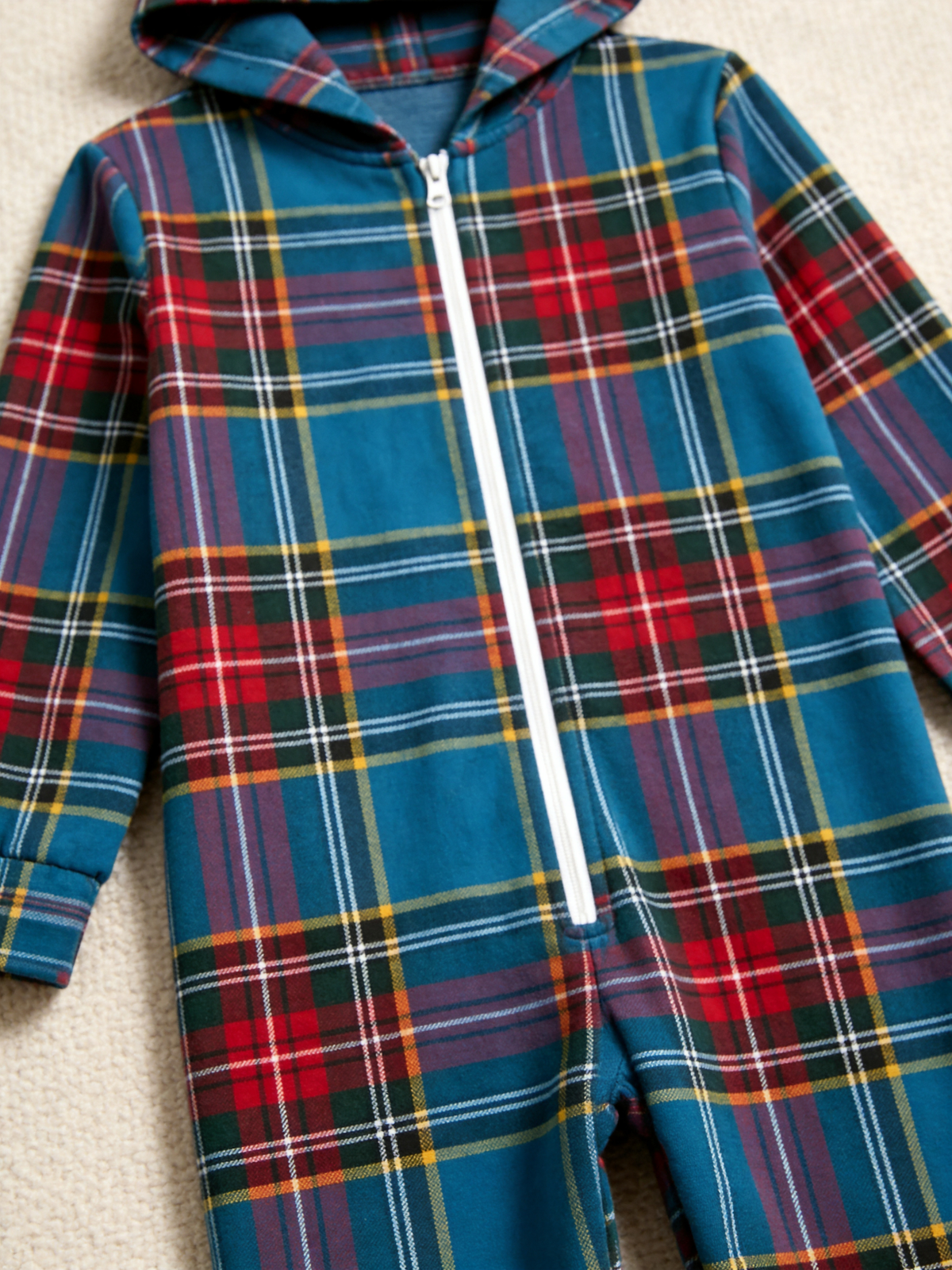 Women Hooded Onesie Christmas Zip-Up Loungewear - Blue Traditional Tartan Plaid Jumpsuit