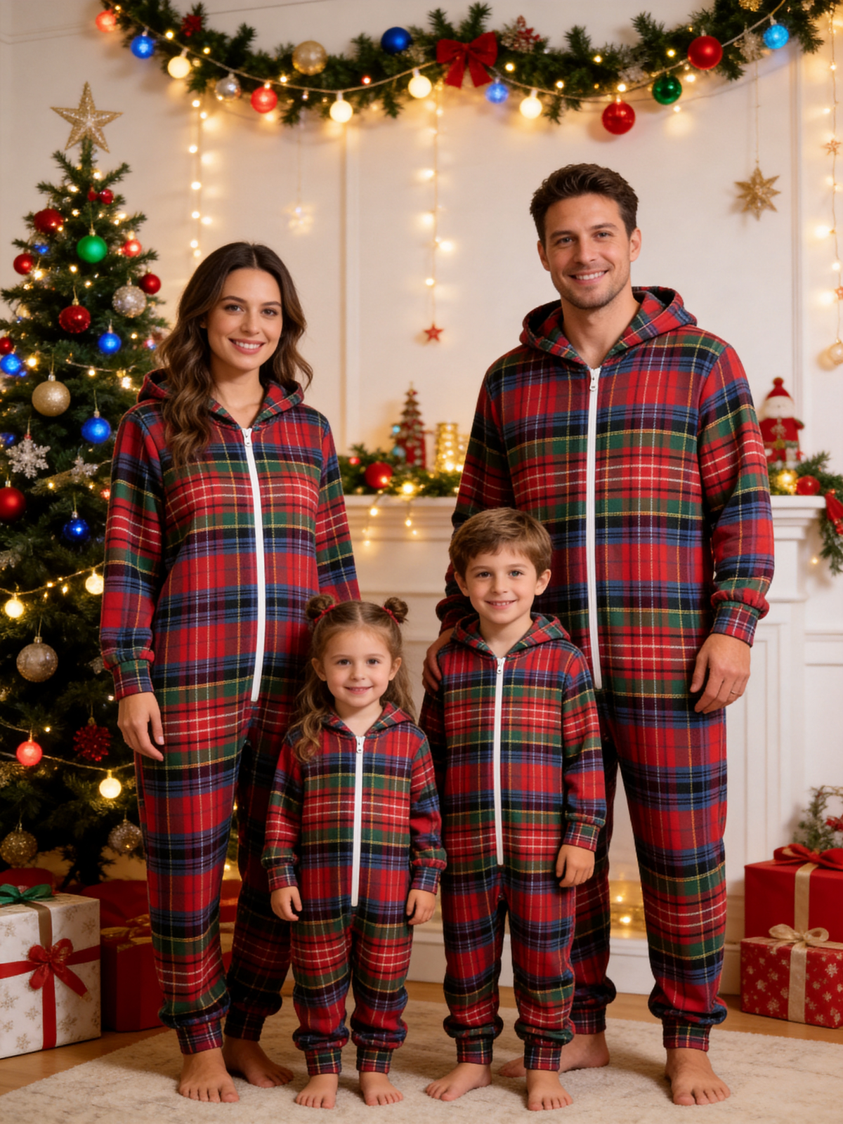 Family Hooded Onesie Christmas Zip-Up Loungewear - Classic Red & Green Tartan Plaid Pajamas