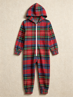 Women Hooded Onesie Christmas Zip-Up Loungewear - Classic Red & Green Tartan Plaid Pajamas