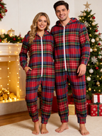 Women Hooded Onesie Christmas Zip-Up Loungewear - Classic Red & Green Tartan Plaid Pajamas