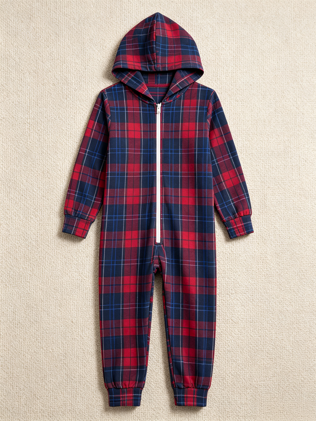Family Hooded Onesie Christmas Zip-Up Loungewear - Navy & Red Tartan Plaid Holiday Romper