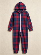 Family Hooded Onesie Christmas Zip-Up Loungewear - Navy & Red Tartan Plaid Holiday Romper
