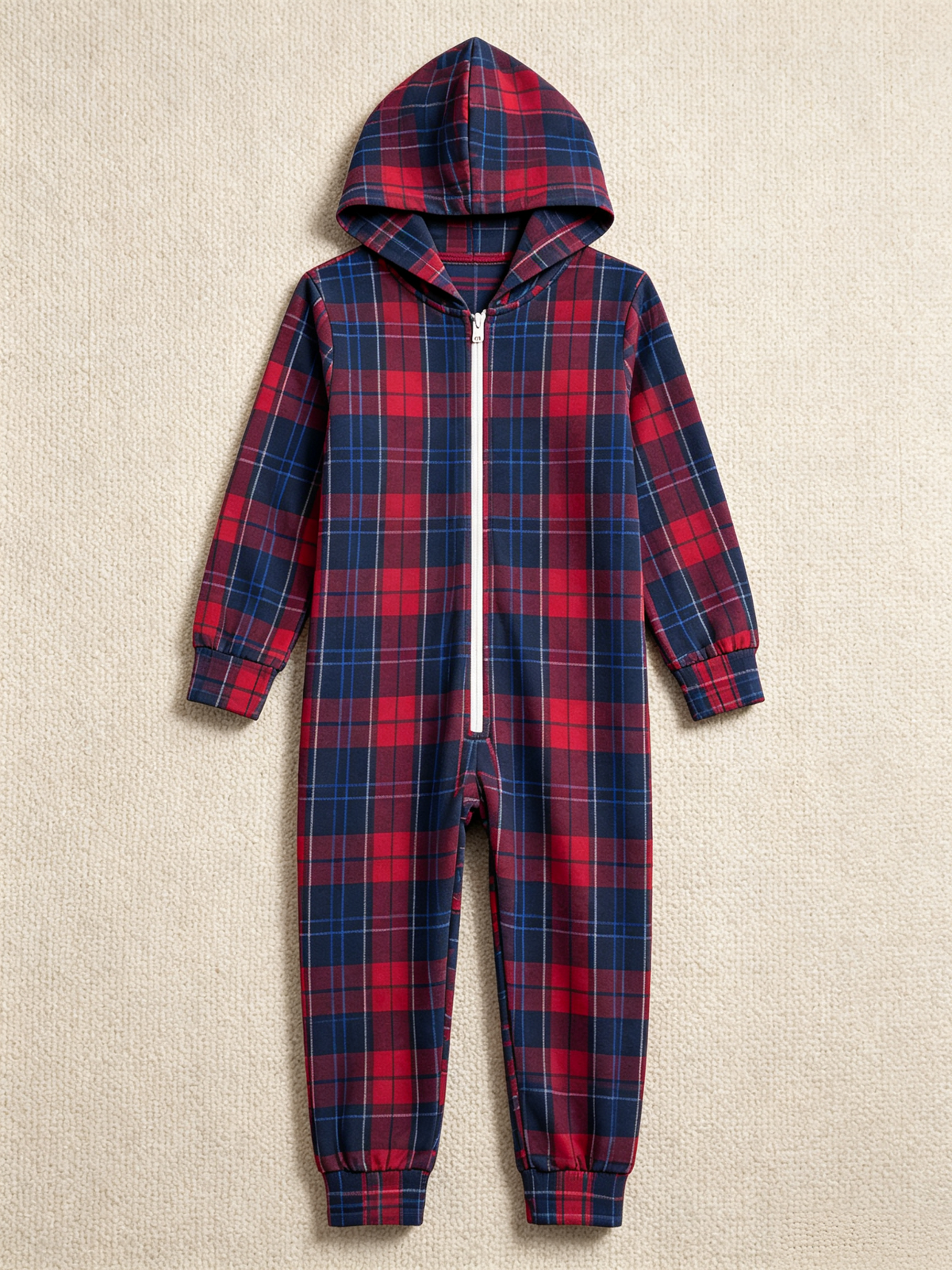 Women Hooded Onesie Christmas Zip-Up Loungewear - Navy & Red Tartan Plaid Holiday Romper