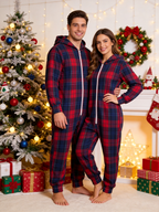 Women Hooded Onesie Christmas Zip-Up Loungewear - Navy & Red Tartan Plaid Holiday Romper