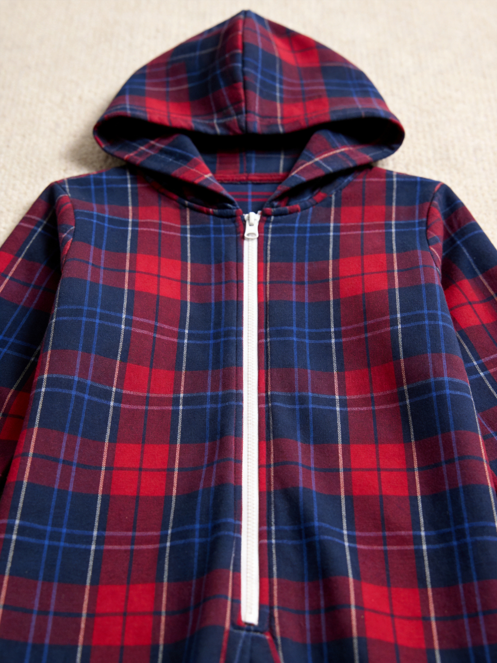 Women Hooded Onesie Christmas Zip-Up Loungewear - Navy & Red Tartan Plaid Holiday Romper