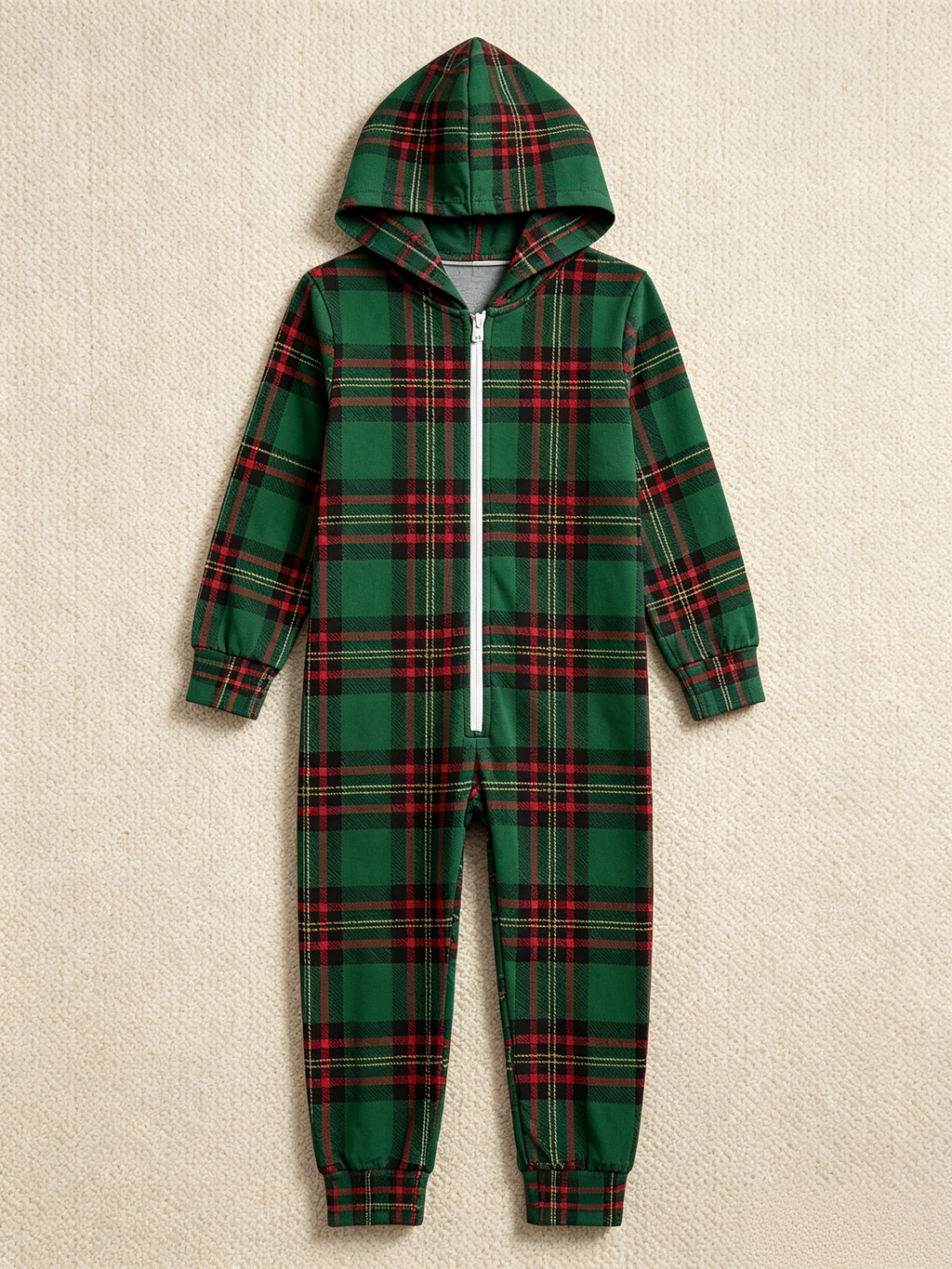 Women Hooded Onesie Christmas Zip-Up Loungewear - Forest Green Tartan Plaid Sleepwear