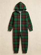 Women Hooded Onesie Christmas Zip-Up Loungewear - Forest Green Tartan Plaid Sleepwear