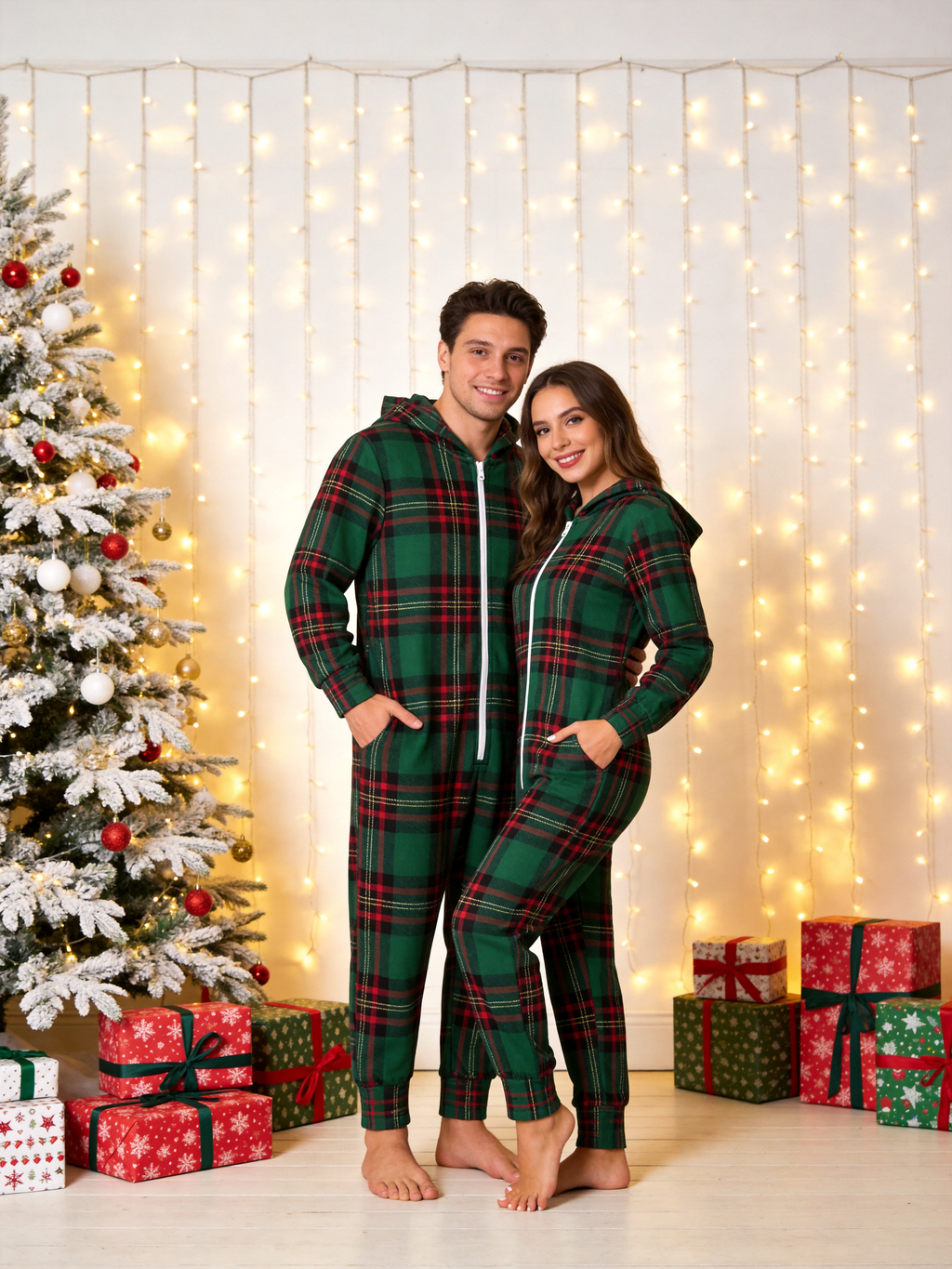Family Hooded Onesie Christmas Zip-Up Loungewear - Forest Green Tartan Plaid Sleepwear