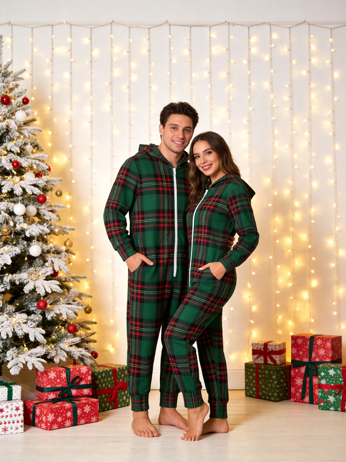 Women Hooded Onesie Christmas Zip-Up Loungewear - Forest Green Tartan Plaid Sleepwear