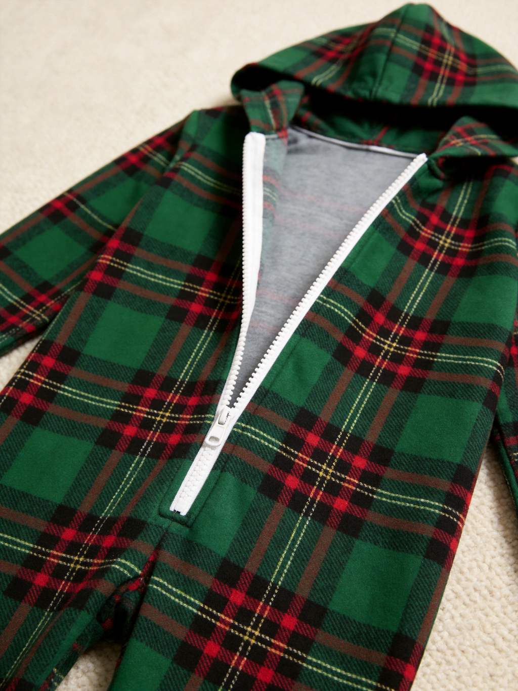 Women Hooded Onesie Christmas Zip-Up Loungewear - Forest Green Tartan Plaid Sleepwear
