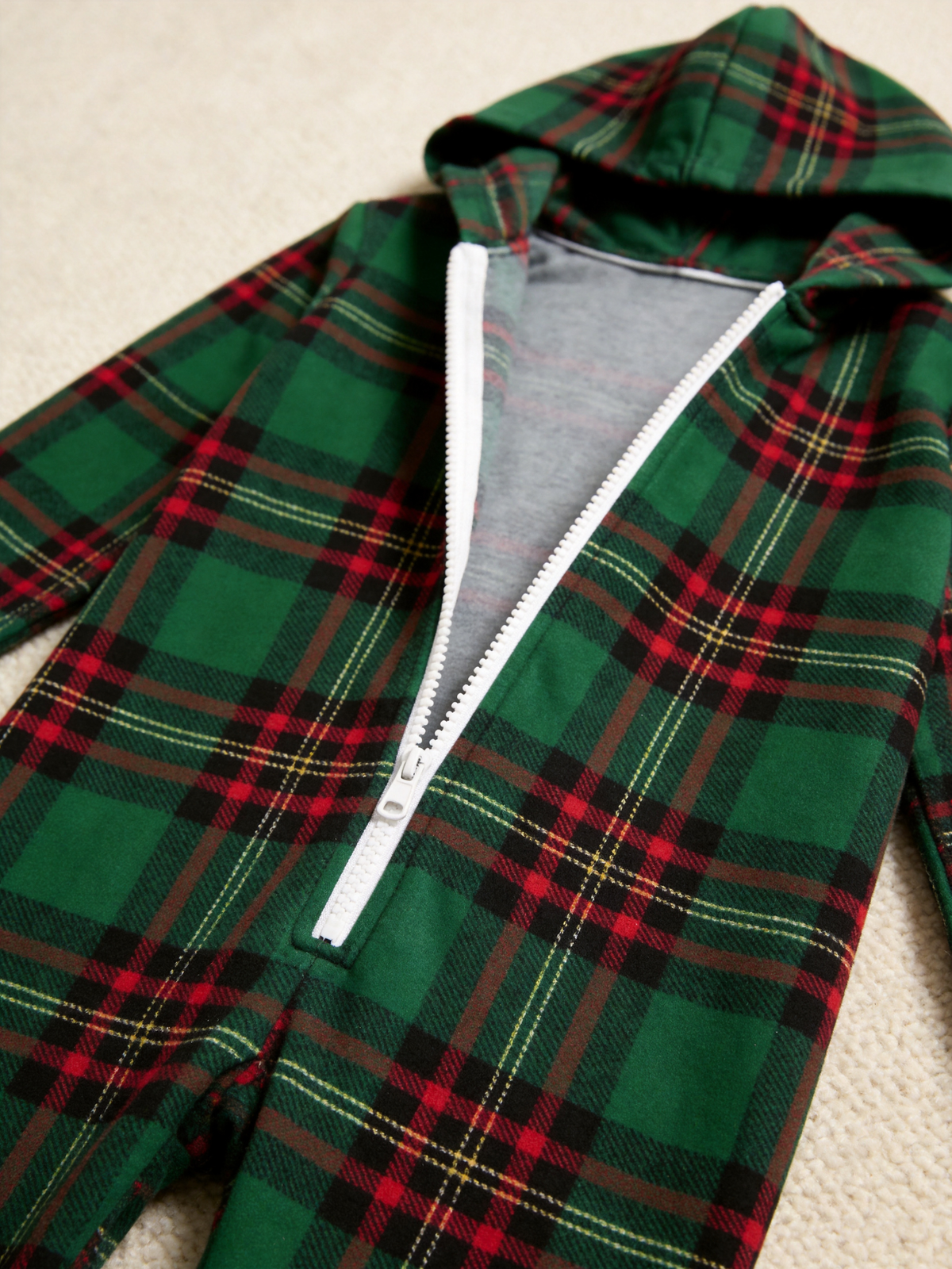 Women Hooded Onesie Christmas Zip-Up Loungewear - Forest Green Tartan Plaid Sleepwear