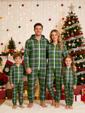 Family Hooded Onesie Christmas Zip-Up Loungewear - Sage Green Plaid Holiday Jumpsuit