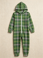 Family Hooded Onesie Christmas Zip-Up Loungewear - Sage Green Plaid Holiday Jumpsuit