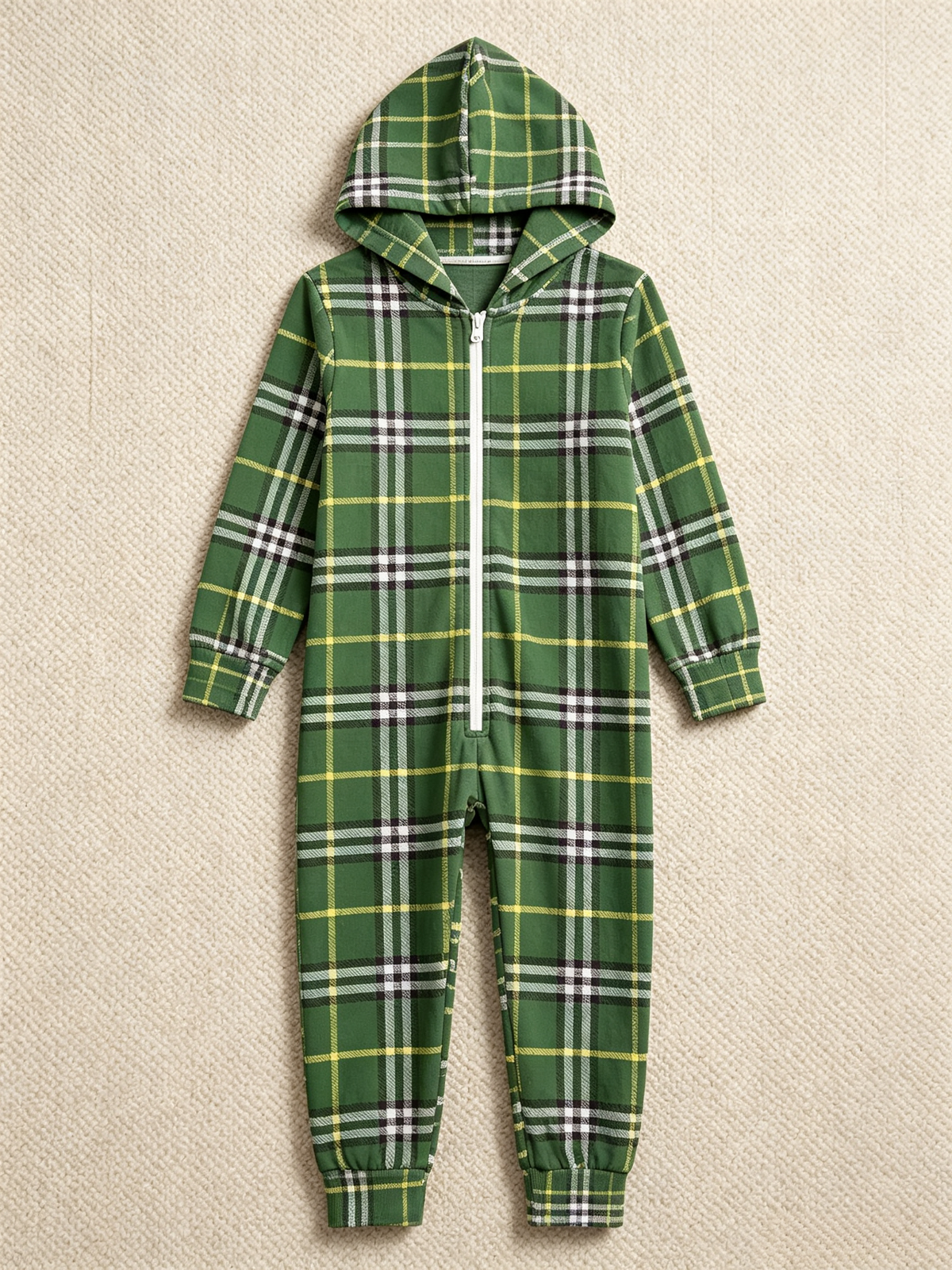 Women Hooded Onesie Christmas Zip-Up Loungewear - Sage Green Plaid Holiday Jumpsuit