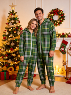 Family Hooded Onesie Christmas Zip-Up Loungewear - Sage Green Plaid Holiday Jumpsuit