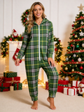 Women Hooded Onesie Christmas Zip-Up Loungewear - Sage Green Plaid Holiday Jumpsuit
