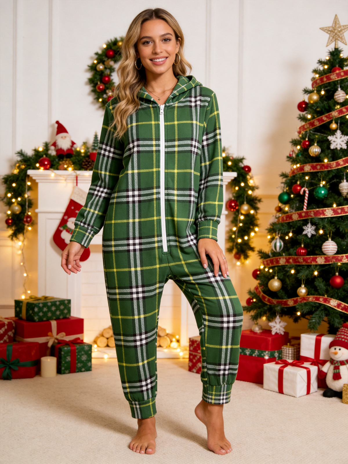 Women Hooded Onesie Christmas Zip-Up Loungewear - Sage Green Plaid Holiday Jumpsuit
