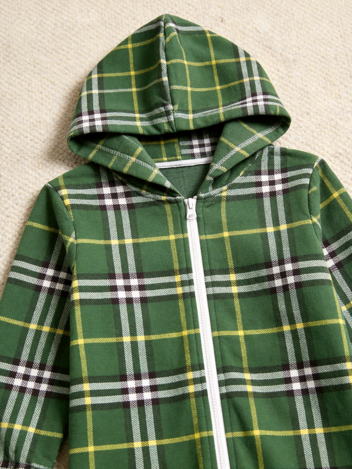 Women Hooded Onesie Christmas Zip-Up Loungewear - Sage Green Plaid Holiday Jumpsuit