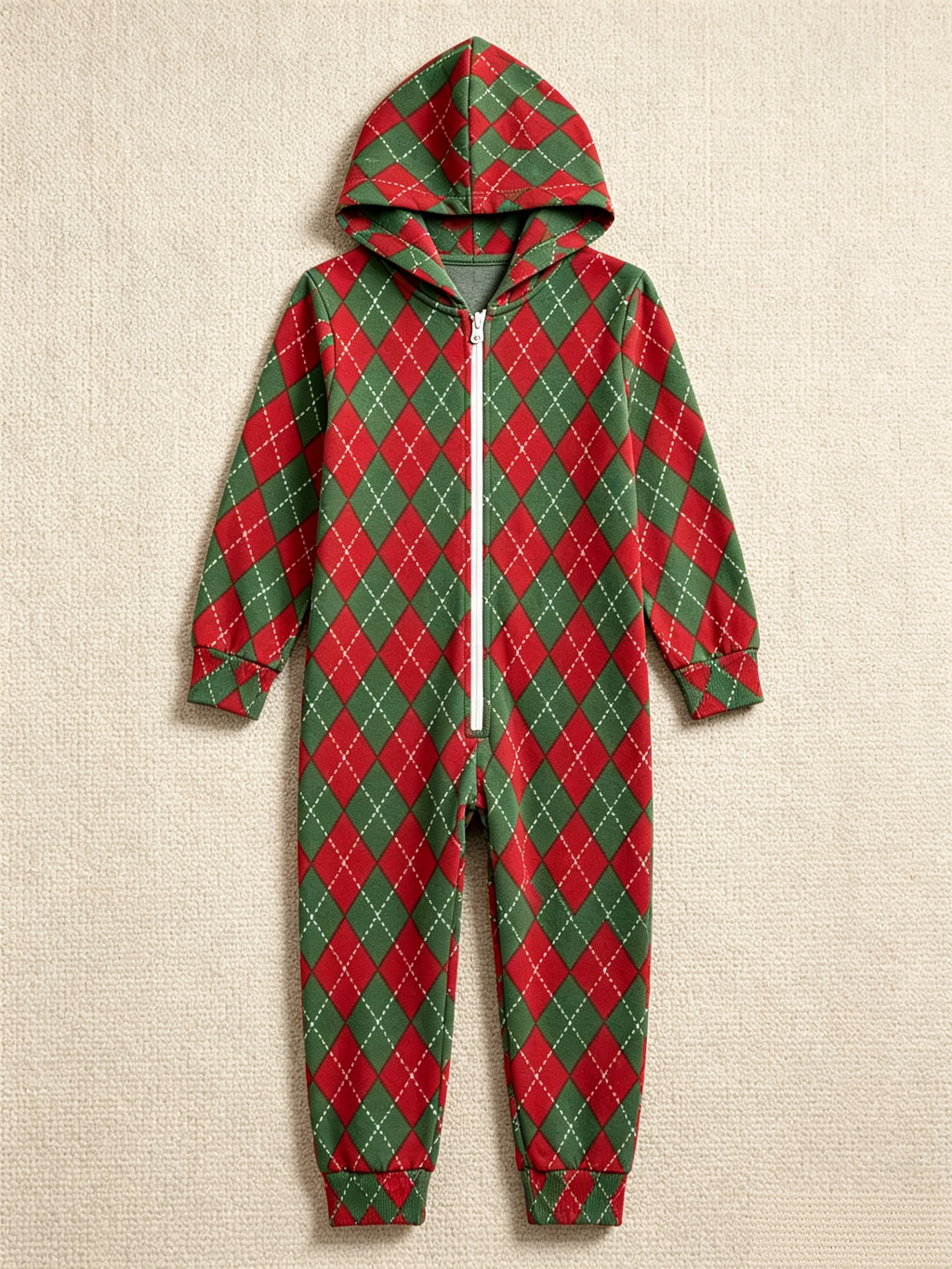 Women Zip-Up Loungewear with Hood - Red & Green Argyle Christmas Pajamas