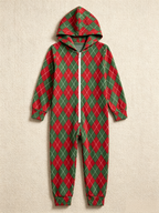 Women Zip-Up Loungewear with Hood - Red & Green Argyle Christmas Pajamas