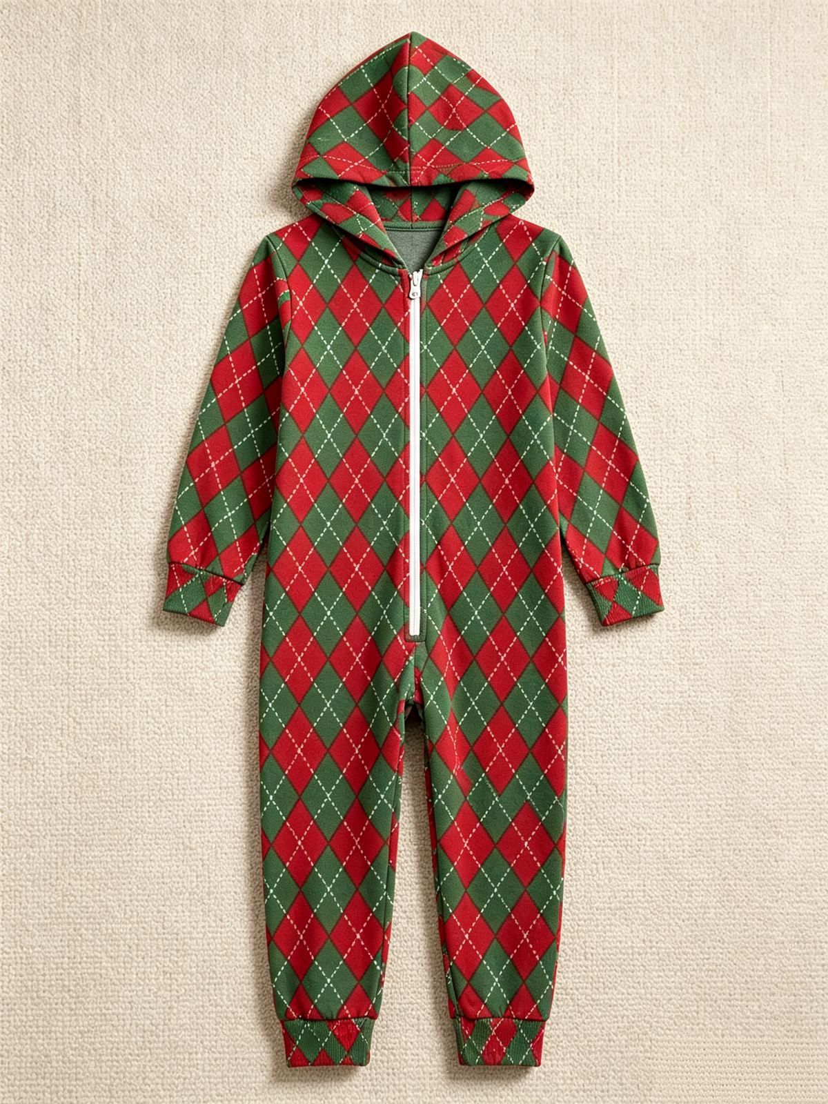 Women Zip-Up Loungewear with Hood - Red & Green Argyle Christmas Pajamas
