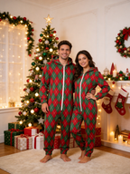 Women Zip-Up Loungewear with Hood - Red & Green Argyle Christmas Pajamas