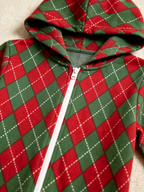 Family Matching Zip-Up Loungewear with Hood - Red & Green Argyle Christmas Pajamas