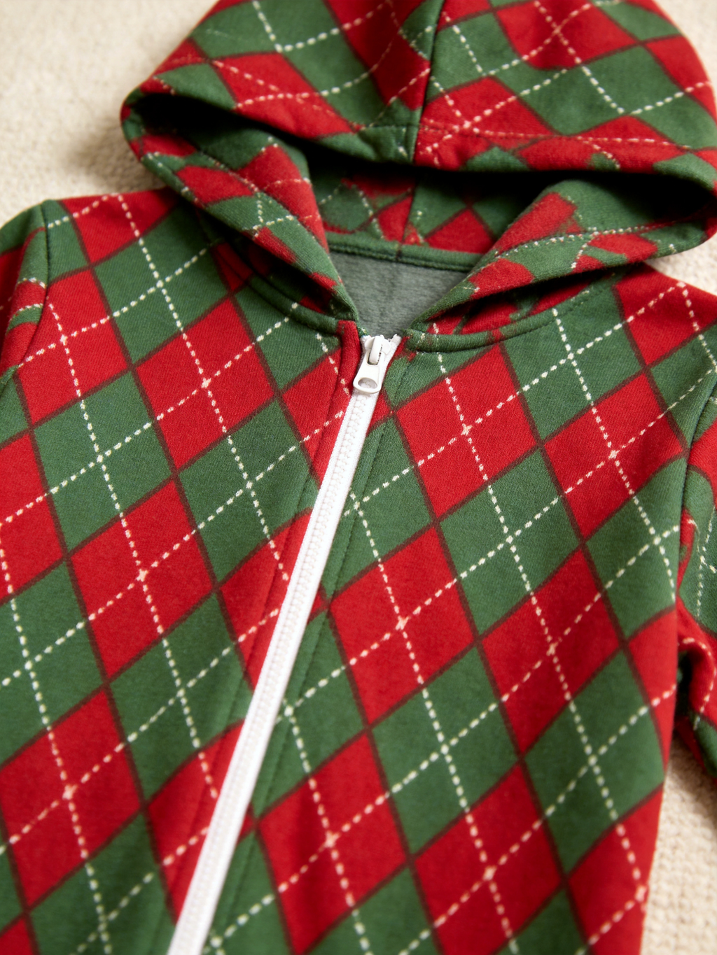 Women Zip-Up Loungewear with Hood - Red & Green Argyle Christmas Pajamas